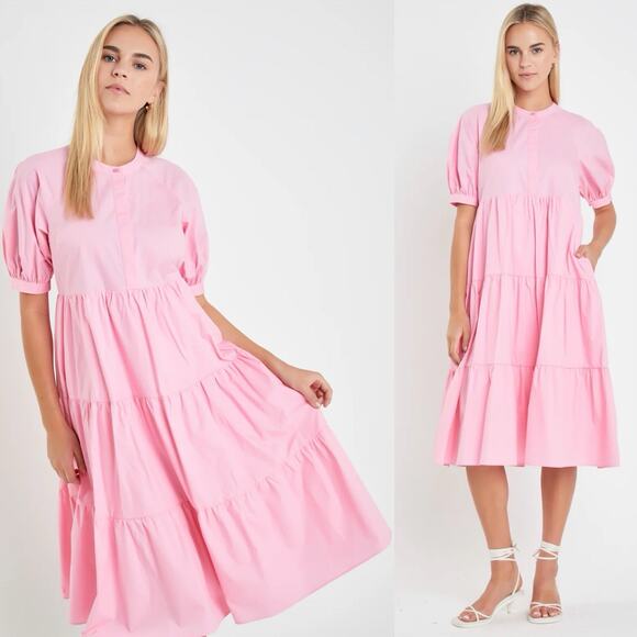 English Factory short puff sleeve Tiered midi Sundress pink Sz Small Balletcore - Picture 1 of 11